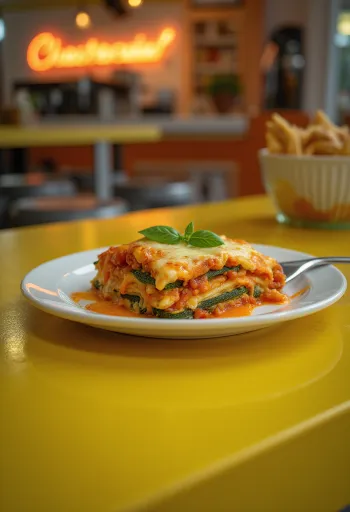 Lasagna vegan dengan lembaran zucchini, saus tomat lentil