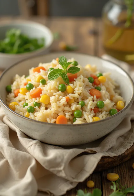 Nasi sayur, dengan sayuran berwarna-warni dan ditaburi rempah segar