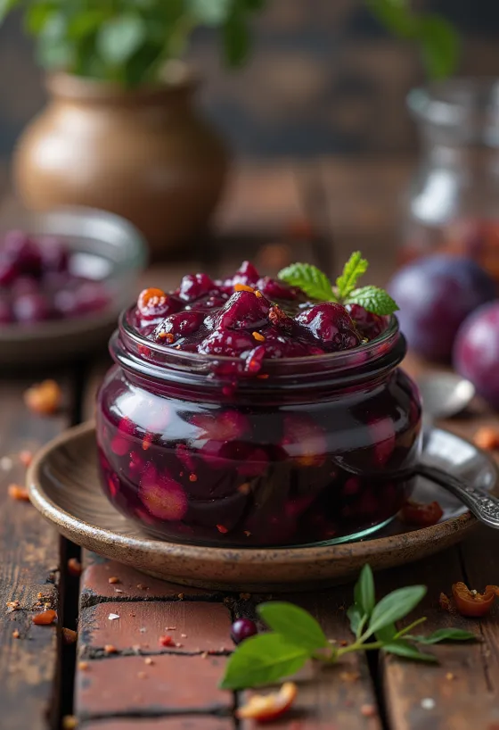 Chutney plum pedas dalam toples dan disajikan