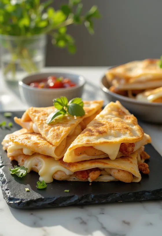Quesadilla ayam dipanggang cokelat keemasan, disajikan dengan keju leleh dan rempah segar