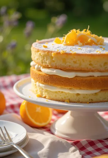 Kue bolu jeruk dengan irisan jeruk segar di atasnya