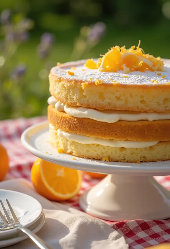 Kue bolu jeruk dengan irisan jeruk segar di atasnya