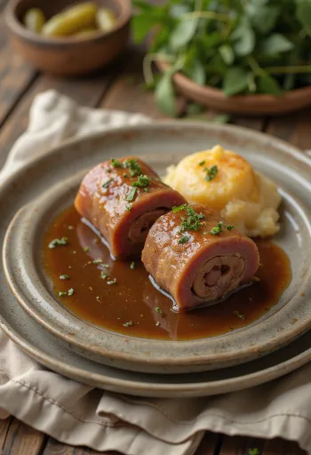 Rinderrouladen disajikan dengan saus dan kentang tumbuk