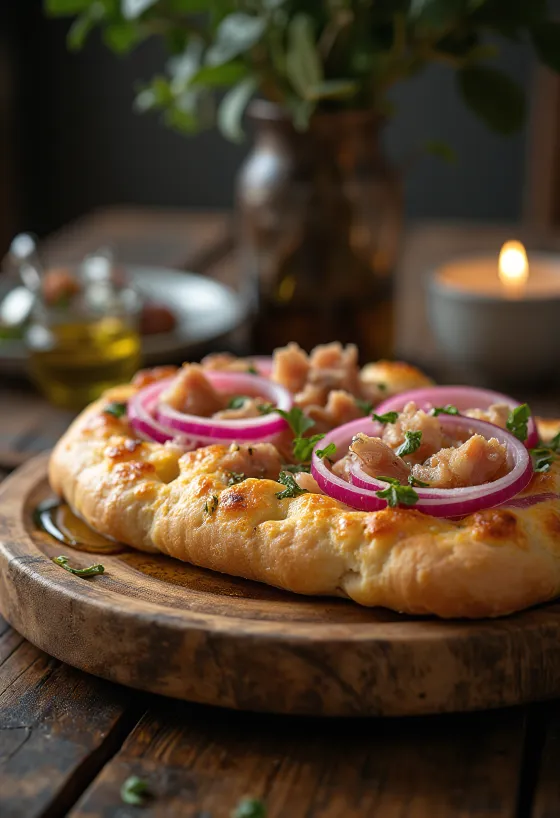 Focaccia tuna dan bawang merah disajikan