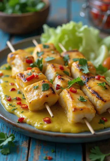 Sate ikan, tusuk sate ikan panggang, disertai sayuran segar