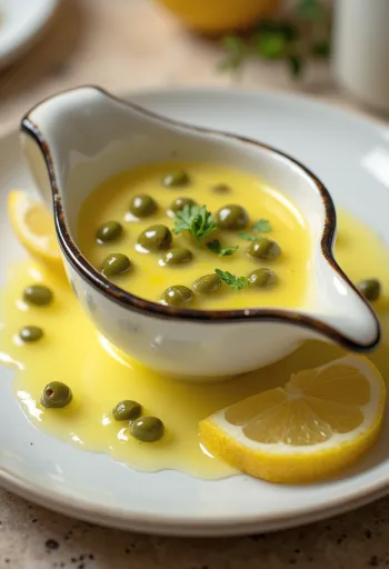 Saus mentega kapari dengan lemon disajikan