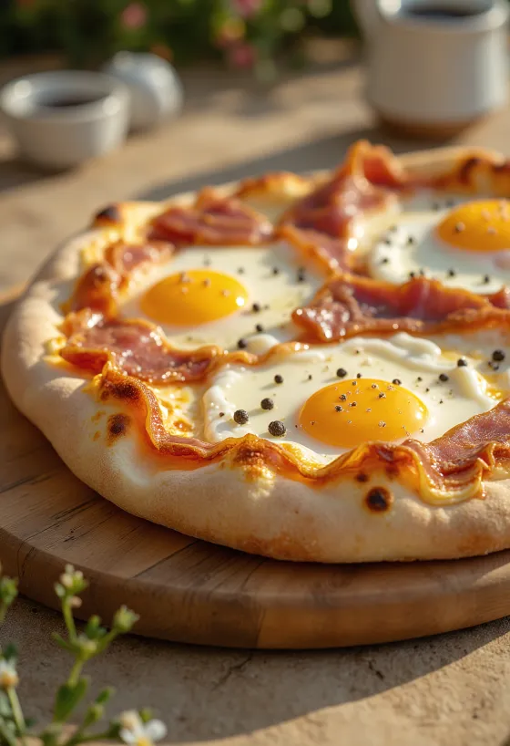 Pizza alla Pancetta e Uova dengan daging asap dan telur