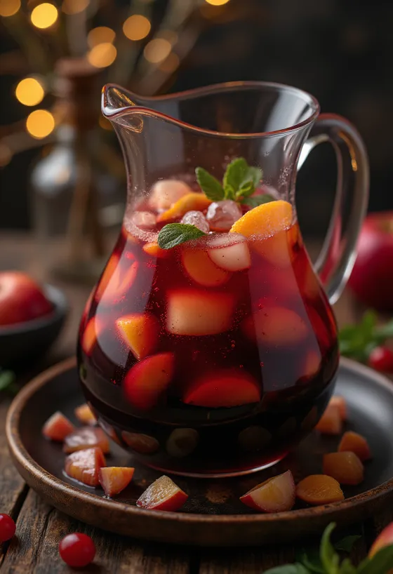 Sangria disajikan dengan buah-buahan segar dan es batu