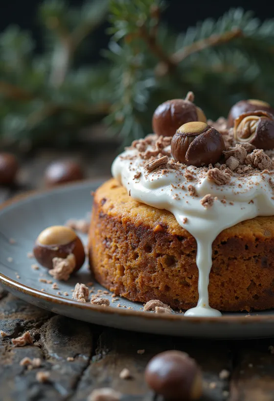 Kue chestnut musim dingin dihiasi cokelat hitam dan kenari