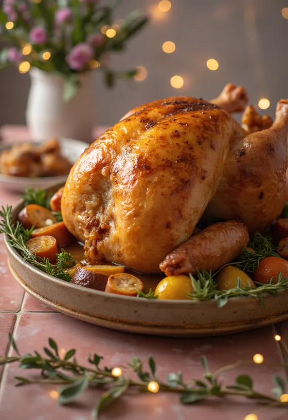 Kalkun isi dipanggang di oven, dengan kulit renyah dan isian kaya.