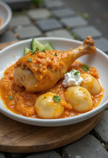 Paprikash ayam dengan potongan daging ayam juicy, disajikan dalam saus paprika-krim asam.