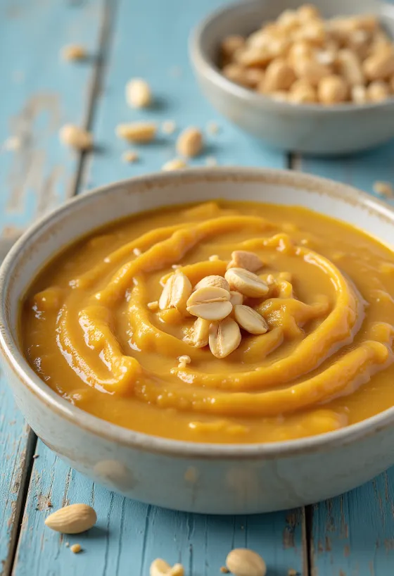 Saus kacang kari disajikan dalam mangkuk dengan ketumbar segar.