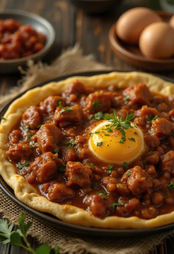 Doro Wat disajikan dengan telur rebus dan roti injera