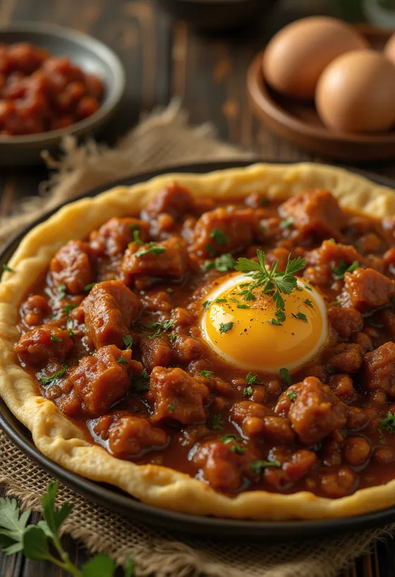 Doro Wat disajikan dengan telur rebus dan roti injera