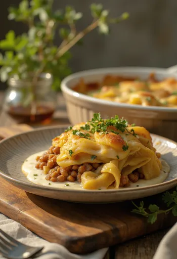 Casserole Kubis Savoy Lapis Lentil Pedas disajikan