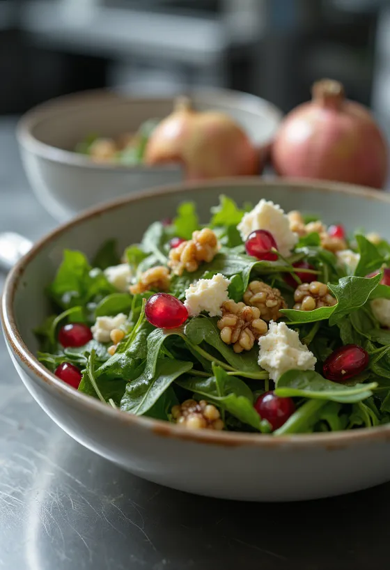Salad arugula delima dengan keju feta dan kenari