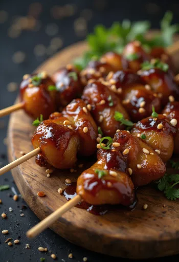 Hatsu yakitori jantung ayam di tusuk sate, disajikan dengan biji wijen dan bawang hijau segar