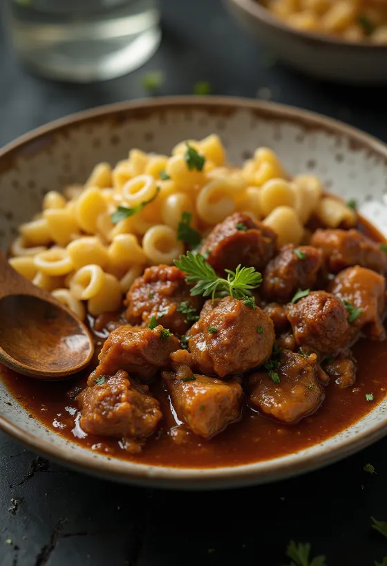 Semur sapi disajikan dengan pasta