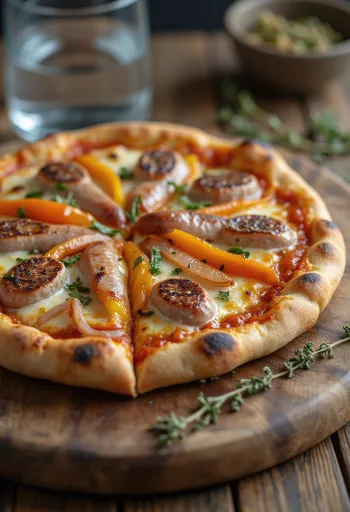 Pizza Viennese dengan sosis sapi Austria, paprika, dan mozzarella
