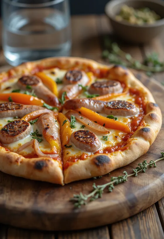 Pizza Viennese dengan sosis sapi Austria, paprika, dan mozzarella