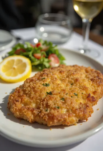 Schnitzel sapi goreng tepung dipanggang cokelat keemasan dalam panir renyah, disajikan dengan sayuran segar.
