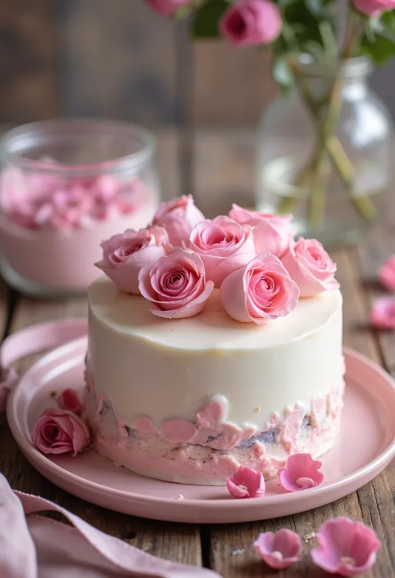 Kue mawar Valentine dengan lapisan fondant putih dan kelopak mawar
