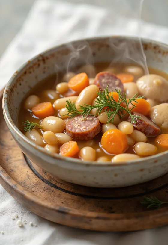 Sup kacang tradisional dengan pinch noodles, disajikan dengan kaldu daging asap