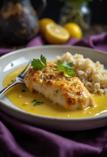 Ayam lemon disajikan dengan irisan lemon segar dan rempah-rempah.