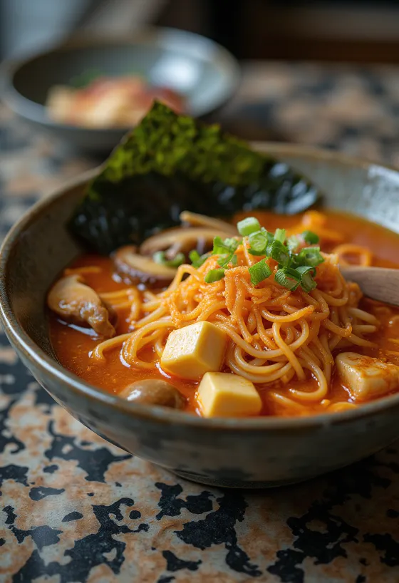 Kimchi ramen disajikan dengan tahu dan kubis fermentasi