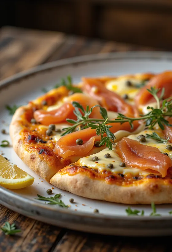 Pizza à la Norvégienne dengan salmon asap, caper, dan krim asam