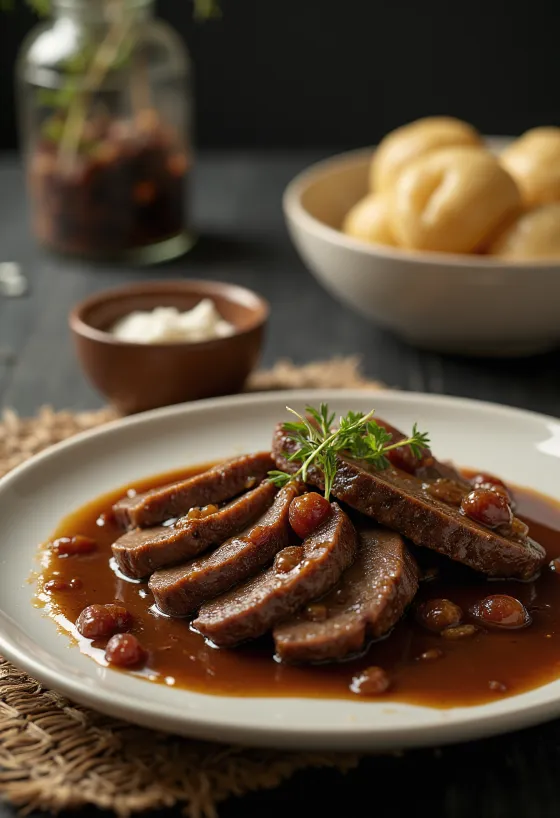 Sauerbraten daging sapi marinasi Jerman disajikan