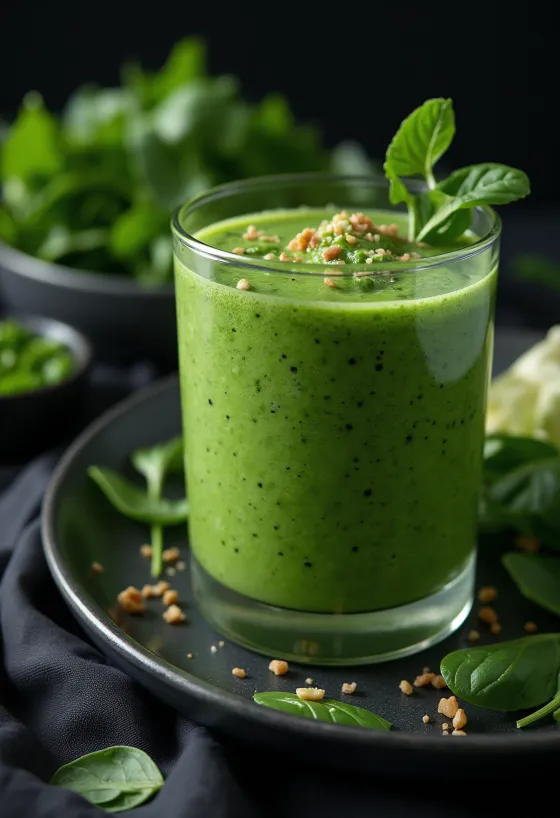 Smoothie bayam dalam gelas tinggi, dihiasi dengan sayuran dan buah-buahan