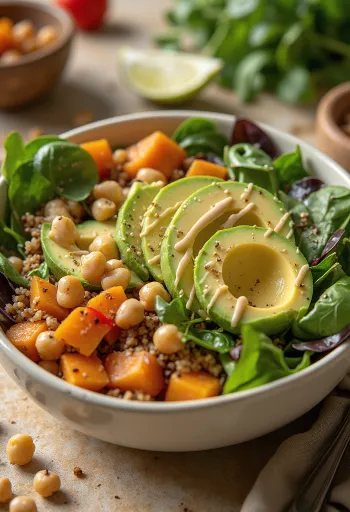 Mangkuk Buddha ubi jalar panggang dengan quinoa dan saus tahini