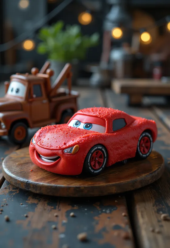 Kue Cars dengan lapisan fondant merah dan elemen hiasan mobil