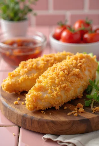 Dada ayam goreng tepung cokelat keemasan, disajikan dengan salad segar