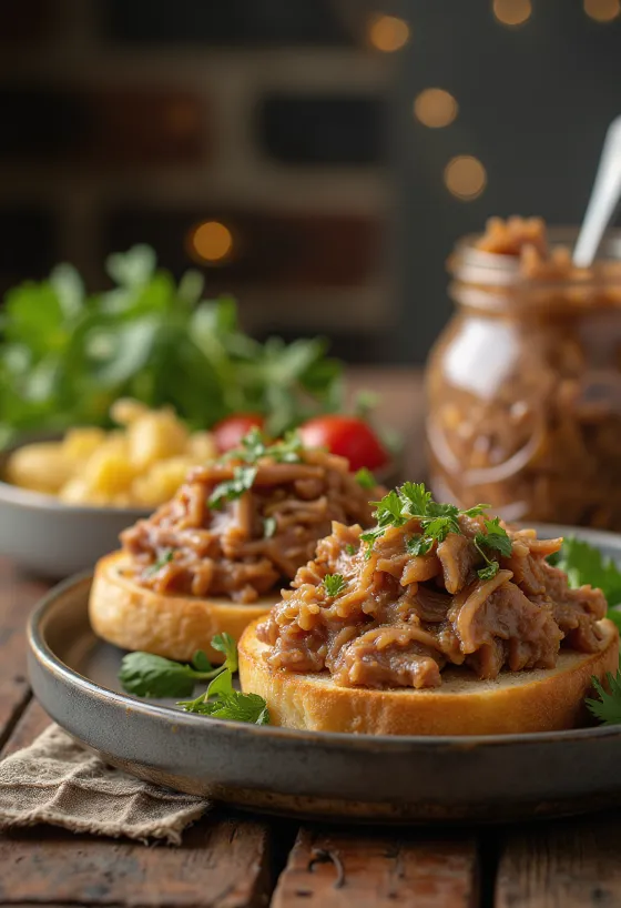 Duck rillette disajikan dalam toples rustik dengan roti dan acar