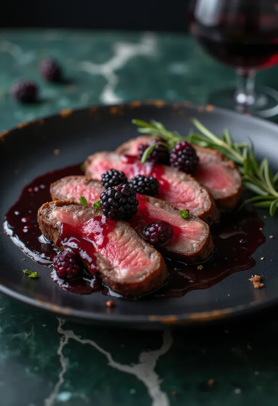 Steak rusa besar dengan reduksi buah beri disajikan dengan sayuran.