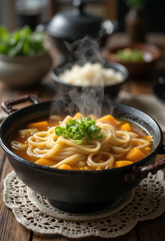 Hoto udon disajikan dalam mangkuk, mie udon lebar dalam kuah dashi labu yang kaya, dihiasi dengan bawang hijau segar dan biji wijen