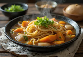 Hoto udon disajikan dalam mangkuk, mie udon lebar dalam kuah dashi labu yang kaya, dihiasi dengan bawang hijau segar dan biji wijen