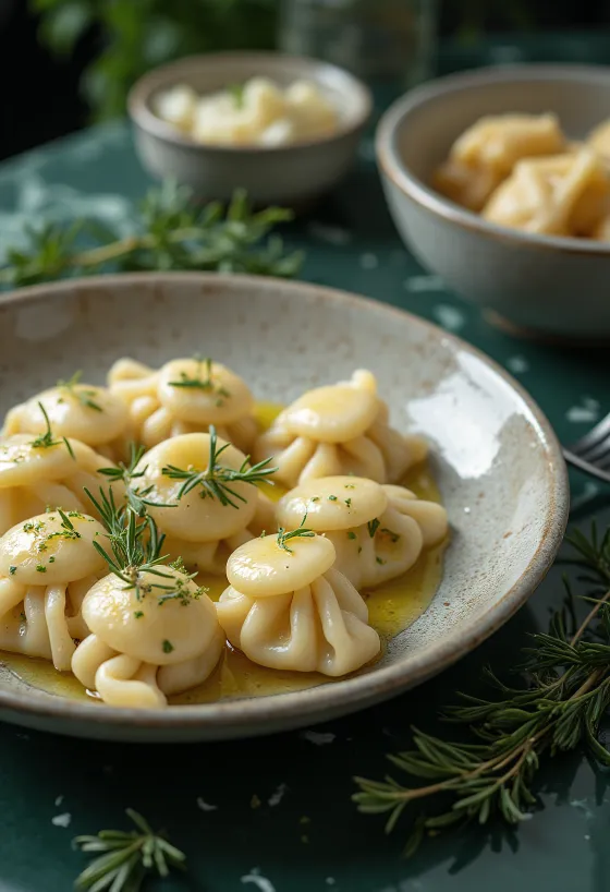 Dumpling keju kambing dan rosemary disajikan
