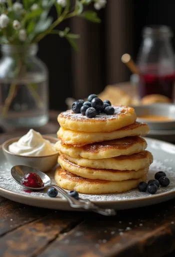 Syrniki klasik, panekuk Keju Cottage yang baru dipanggang, disajikan dengan selai dan buah segar