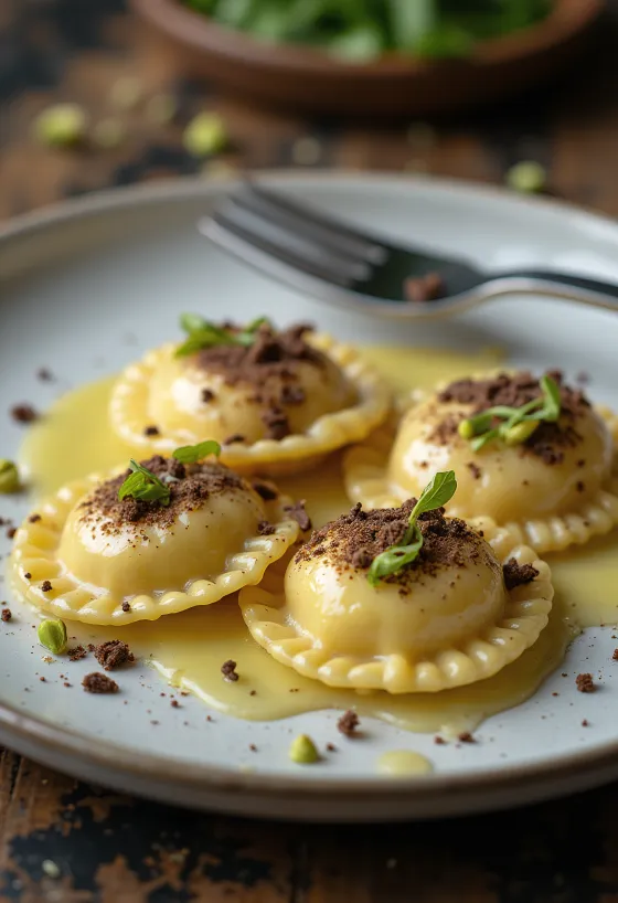 Ravioli pistachio dan cokelat disajikan