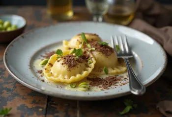 Ravioli pistachio dan cokelat disajikan