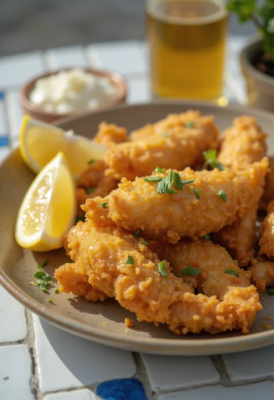 Paha kodok goreng tepung disajikan dengan lemon dan peterseli
