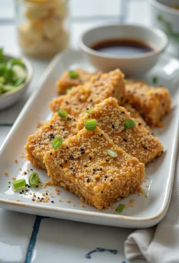 Tofu panggang dengan kulit wijen, digoreng renyah dan cokelat keemasan, disajikan dengan sayuran segar.