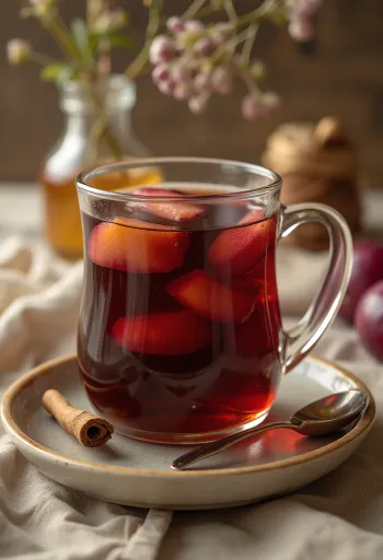 Teh panas plum disajikan dalam gelas
