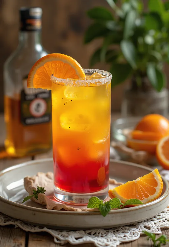 Koktail Tequila Sunrise dihiasi dengan irisan jeruk dan ceri