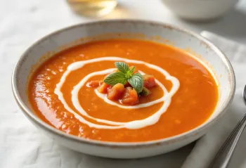 Sup krim tomat zucchini disajikan dalam mangkuk putih