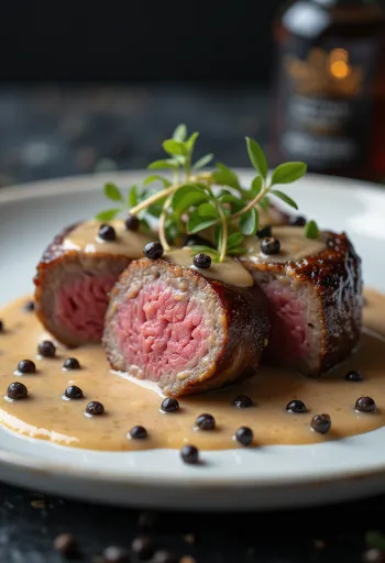 Fillet emu dengan saus lada disajikan dengan sayuran.