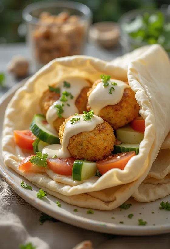 Falafel dalam roti pita dengan sayuran segar dan saus tahini